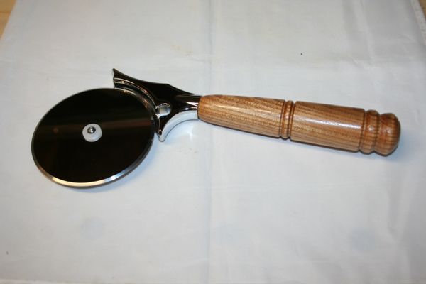 Handcrafted 4 inch Pizza Cutter in North American Red Elm Finished in Bright Chrome