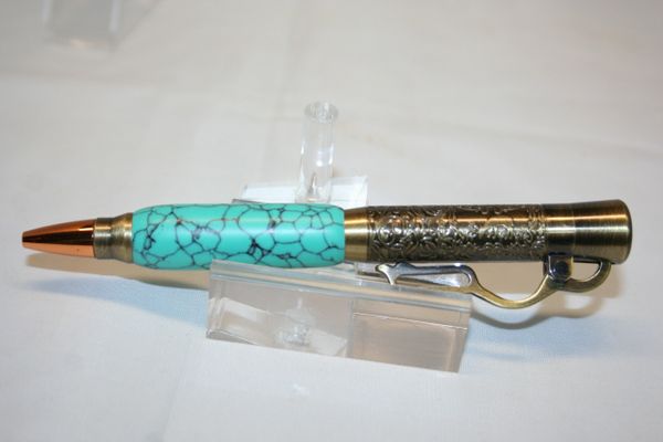 Handcrafted Stone Pen - Lever Action Chinese Green Web Tru-Stone Pen Finished in Beautiful Antique Brass