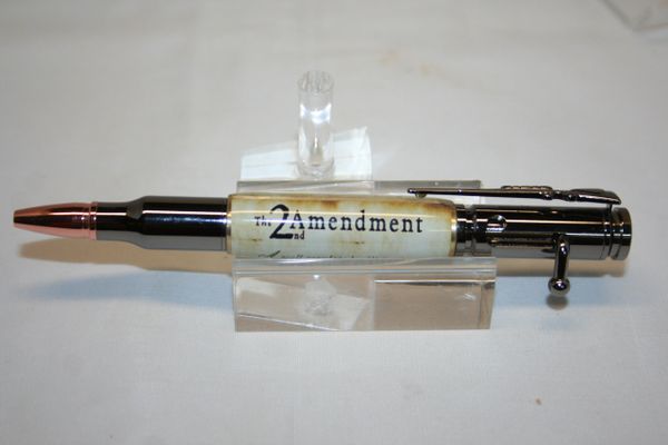 Handcrafted Alumilite Pen - Bolt Action 2nd Amendment Scroll in Clear Alumilite Pen Finished in Fine Gunmetal