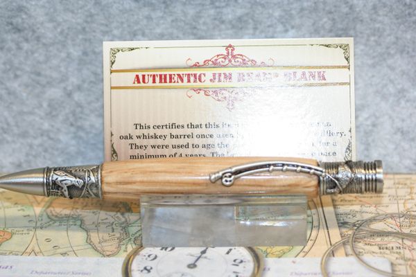 Fly Fishing Pen - Jim Beam Oak Bourbon Whiskey Barrel Stave - Writing Instrument - Twist Pen - Ballpoint - Antique Pewter Finish