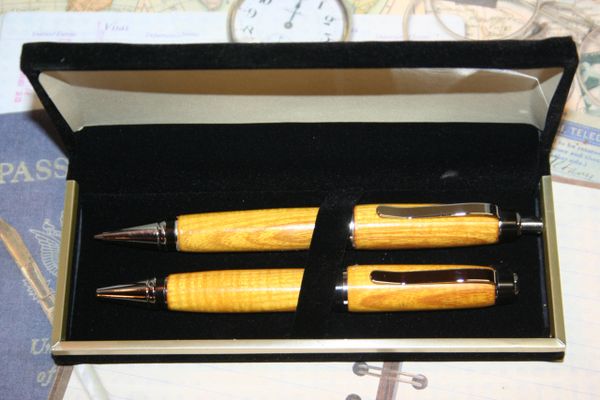Pen and Pencil Set - Osage Orange Twist Pen and Click Pencil Set - Cigar Pen and Pencil Set - Handmade - Pen - Chrome - Presentation Box