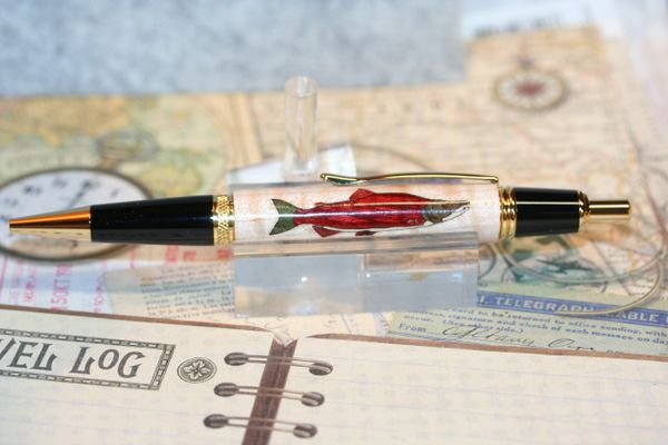 Inlay Pen - Salmon Inlay - Fish Pen - Fishing Pen - Ballpoint Pen - Gift - Executive Pen - Wood Pen - Desk Pen - Click Pen - 24ct Gold Plate