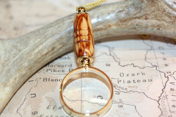 Magnifying Glass Pendant - Spalted Sweet Gum - Pendant - Mini Magnifying Pendant - Necklace - Magnifier - Jewelry - 24ct Gold Plate