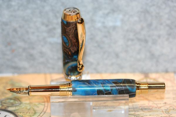 Fountain Pen - Triton Fountain Pen - Banksia Pods and Honeycomb in Blue Alumilite - Handmade - Pen - Desk - Bespoke - 24ct Gold Plate & Chrome Trim