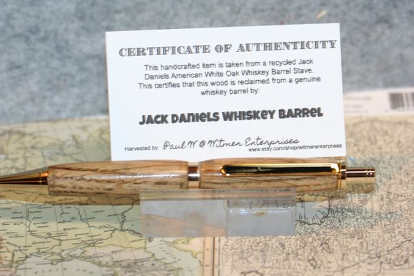 Handcrafted Wooden Pen - Click Pro Gel Writer Pen - Jack Daniels Whiskey Barrel Oak Stave - Handmade - Pen - Journaling - 24ct Gold Plate