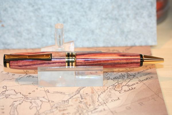 Wood Pen - Cigar Pen - Brazilian Tulipwood - Bowtie Clip - Twist Pen - Handmade - Ballpoint - Writing - Desk Pen - 24ct Gold/Black Titanium