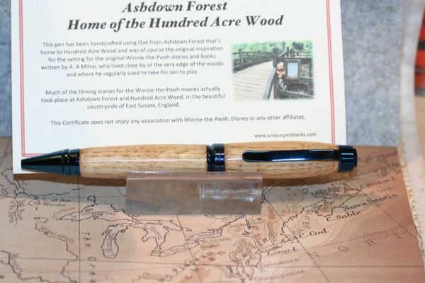 100 Acre Wood Pen - Cigar Pen - Ashdown Forest Oak - Winnie The Pooh - AA Milne - Handmade - Ballpoint - Journal - Writing - Blue Titanium
