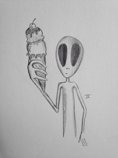 Alien ice cream 9x6" graphite drawing