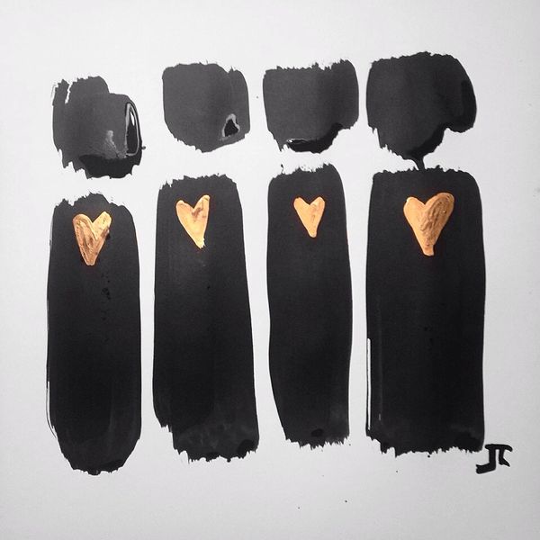 SOLD Gold heart figures 12x12" original India ink and watercolor