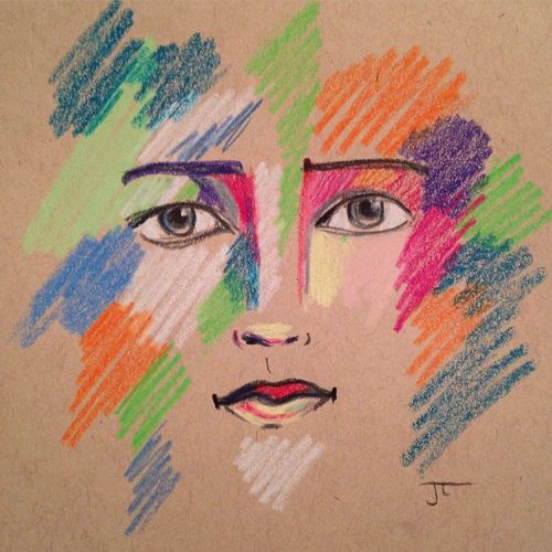SOLD Colorful face on Tan Toned Paper