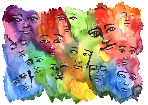 SOLD "With Love" Colorful faces 11x15" paper original watercolor