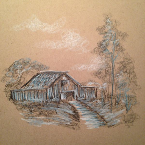 Cabin in the Woods Graphite Drawing on Tan Paper 7" square JLDELLO