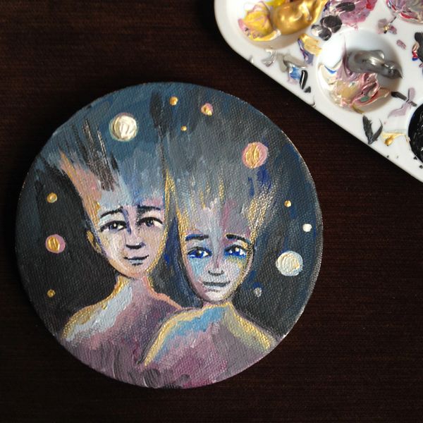 SOLD Space Couple 5" circle acrylic on canvas