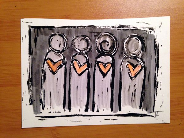 4.5 x 6" Original Heart People Linocut Gray and Coral