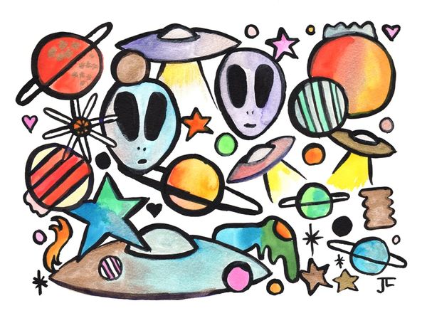 SOLD 9x12" Alien Graffix Original India Ink Watercolor