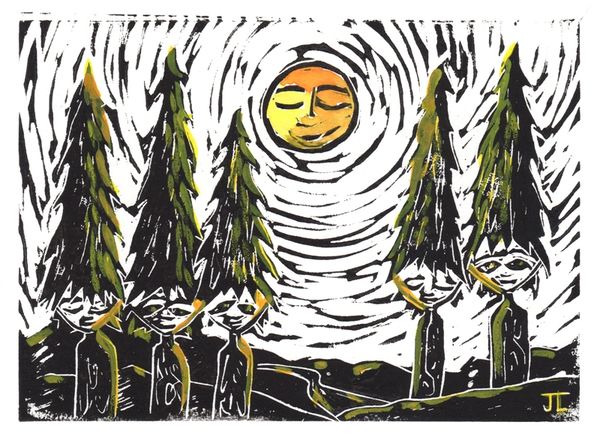 SOLD 5x7 Tree People Linocut and Watercolor