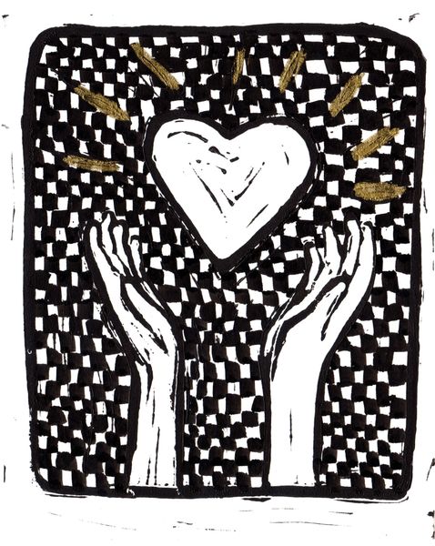 SOLD 5 x 7" Original Linocut Heart and Hands Checker and Gold