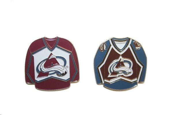 2 COLORADO AVALANCHE BLUE & RED JERSEYS NHL LOGO METAL LAPEL PIN BADGES .. NEW AND IN A PACKAGE