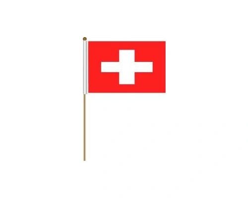 SWITZERLAND COUNTRY STICK FLAG BANNER ON A 2 FOOT WOODEN STICK.. SIZE : 12" X 18" INCHES.. NEW