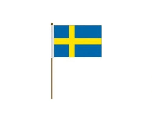 SWEDEN COUNTRY STICK FLAG BANNER ON A 2 FOOT WOODEN STICK.. SIZE : 12" X 18" INCHES.. NEW