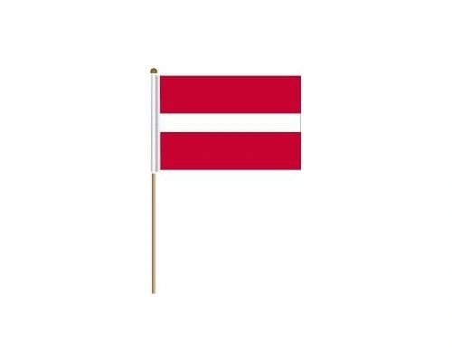 LATVIA COUNTRY STICK FLAG BANNER ON A 2 FOOT WOODEN STICK.. SIZE : 12" X 18" INCHES.. NEW