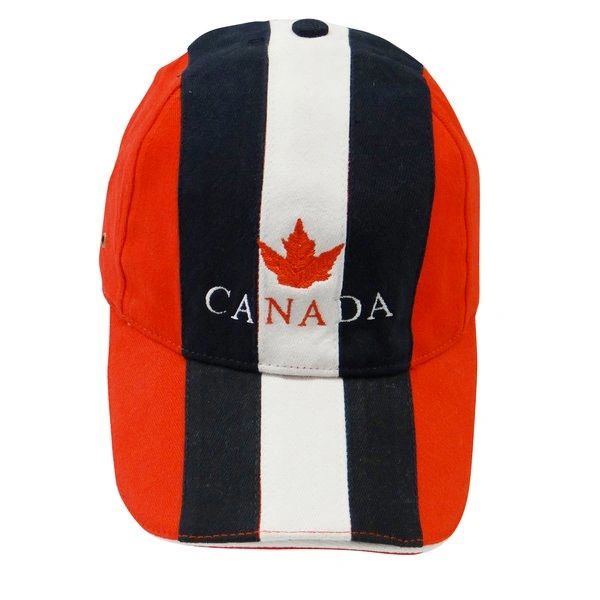CANADA RED WITH COLORED STRIPES WITH WORD "CANADA" & RED MAPLE LEAF EMBOSSED HAT CAP .. NEW