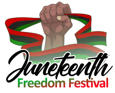 A raised fist with a red, black, and green ribbon and 'Juneteenth Freedom Festival' text.