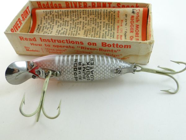 Five vintage Heddon River Runt lures in three original boxes