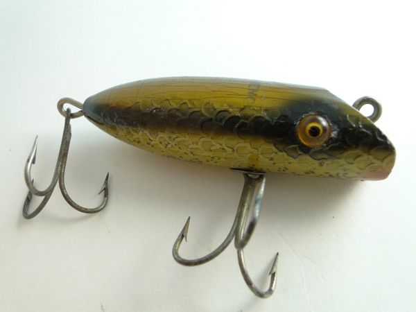 ANCIEN LEURRE ARTICULE EN BOIS HEDDON JOINTED VAMP vers 1920's yeux verre