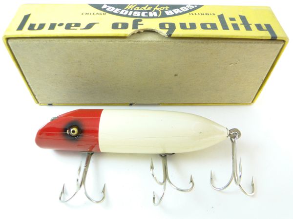 Vintage Wooden Fishing Lure Topwater Popper Glass Eyes Red White RARE Oreno  