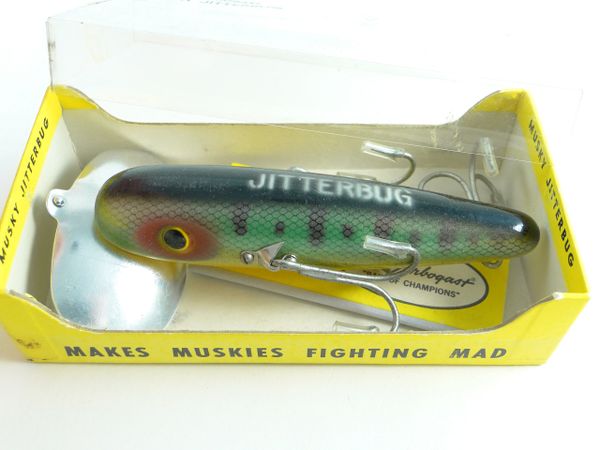 Fred Arbogast 705 P Musky Wood Jitterbug in Perch EX+ Unused in Box with Papers