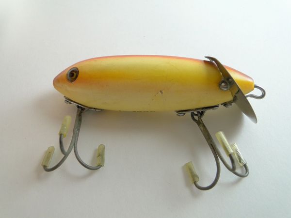 Vintage Heddon Baby Crab Wiggler Green Painted Wood