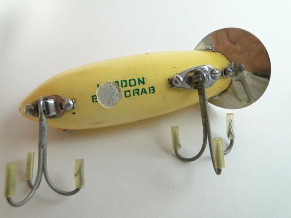 Vintage Heddon Baby Crab Wiggler Green Painted Wood