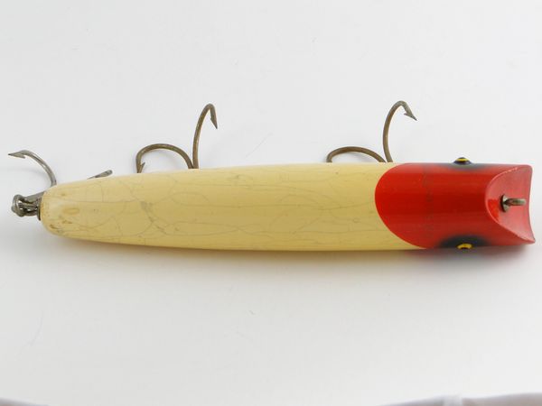 SALE Fishing Lure Vintage Sea Ocean Folk Art Carved Painted Wood Red Yellow  Original Hooks and Strings Epsteam Team Nautical Decor 