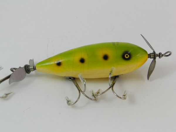 LARGE OLD VTG SOUTH BEND Pike Oreno Fishing Lure Yellow Green Injured Perch  5” 