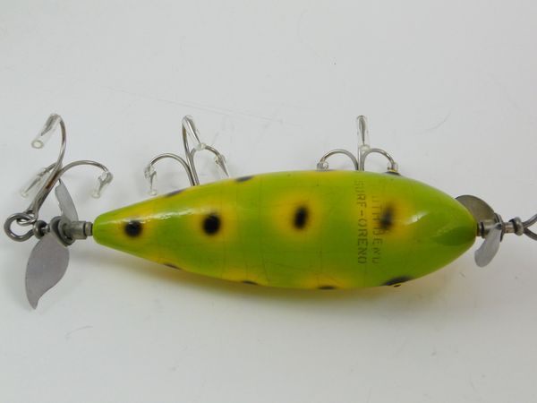 SOUTH BEND SURF-ORENO Vintage Pressed Eye Wood Fishing Lure, Frog Spot -  Read $17.96 - PicClick