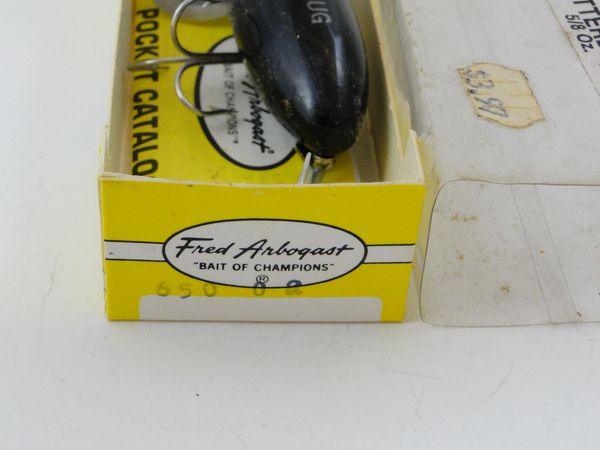 Vintage Fred Arbogast Jitterbug fishing lure w box. Old collectable bass  bait made in Akron, Ohio. Excellent condition for age perch pattern