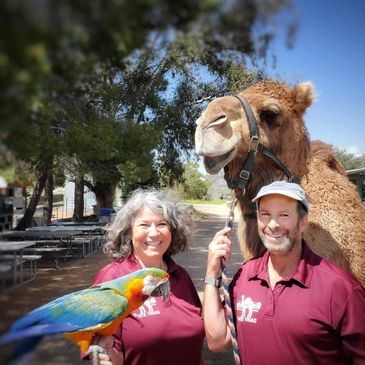Dairy owners posing with camel and parrot