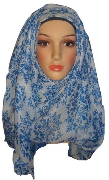 Womens Ladies Blue White Damask Hijab Maxi Scarf