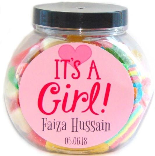 Personalised New Arrival Baby Girl Sweets Jar Pick N Mix Halal Sweet Jar Gift