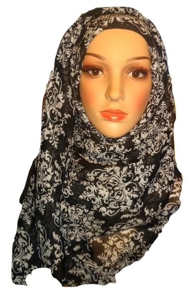 Womens Ladies Black Damask Hijab Maxi Scarf