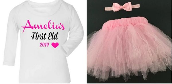 Girls Personalised Name Dress Tutu Headband My First Eid Outfit