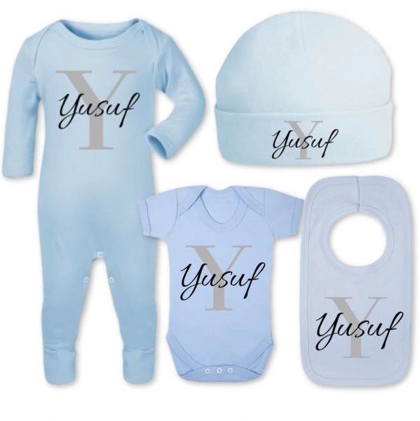 Personalised Baby Set Boys Girls Bodysuit Romper Hat Vest Bib Set