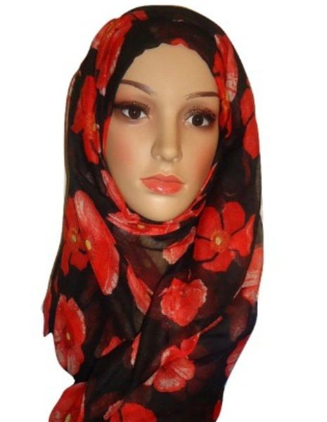 Womens Ladies Black Red Floral Hijab Maxi Scarf