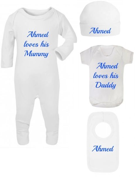 Personalised Boys Girls Baby White Bodysuit Romper Hat Vest Bib Set