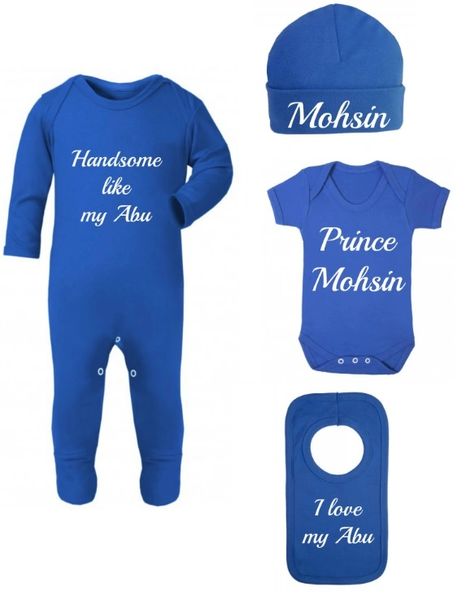 Personalised Boys Baby Blue Bodysuit Romper Hat Vest Bib Set