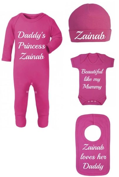 Personalised Girls Hot Pink Bodysuit Romper Hat Vest Bib Set