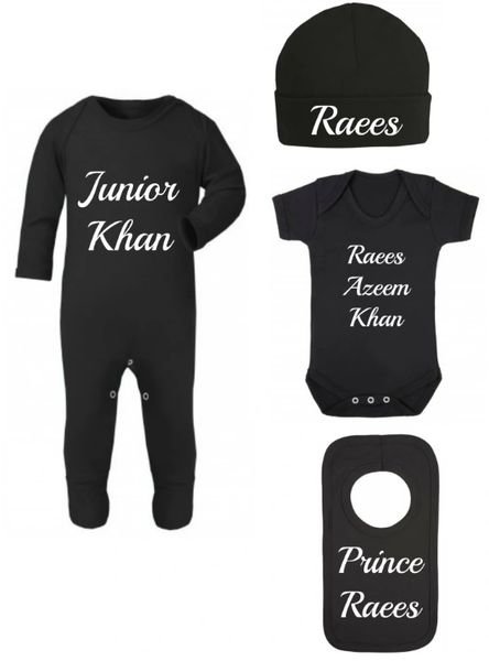 Personalised Boys Girls Baby Black Bodysuit Romper Hat Vest Bib Set