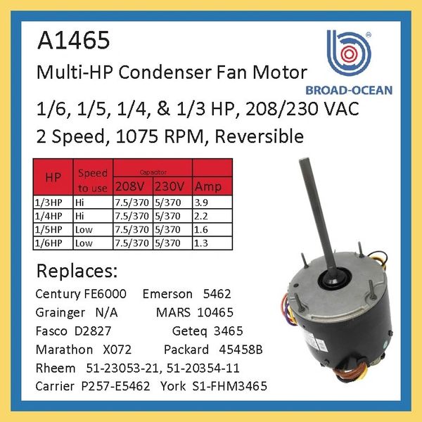 A1465 Condenser Fan Motor 1 6 1 5 1 4 1 3 Hp 1075rpm The Partsdoc Llc