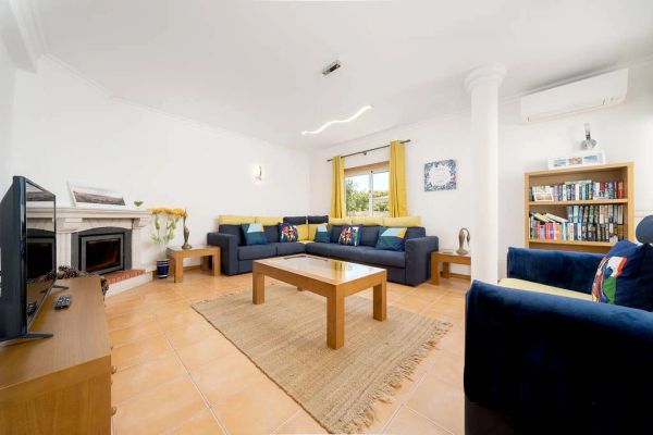 Bright living room with blue sofas and wooden furniture.